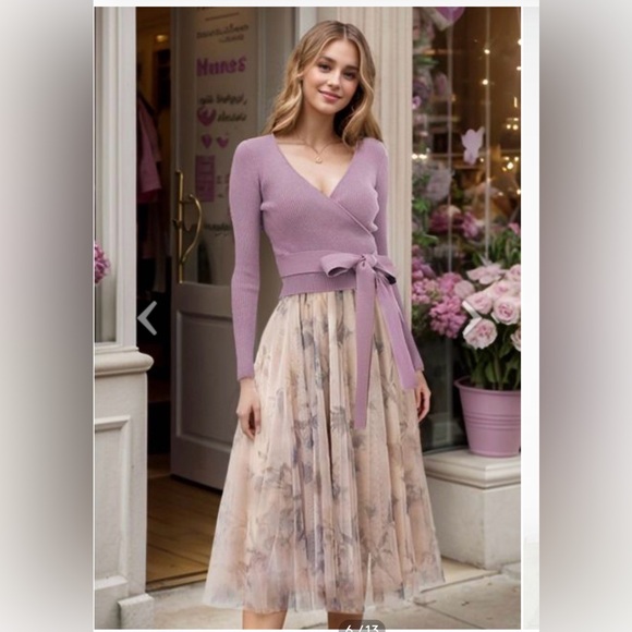 Chicwish Dresses & Skirts - Chicwish Lilac Wrap Sweater & Floral Inky Tulle Midi Skirt Set Size M/L